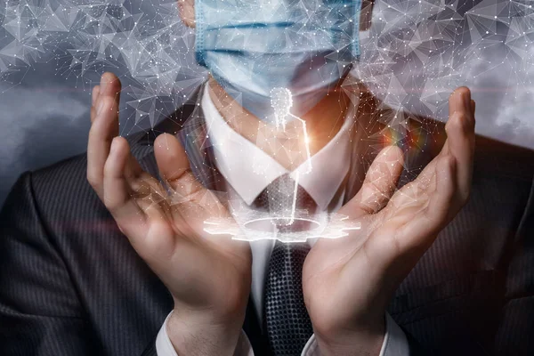 Ein Maskierter Geschäftsmann Trägt Ein Hologramm Eines Mitarbeiters Auf Verschwommenem — Stockfoto