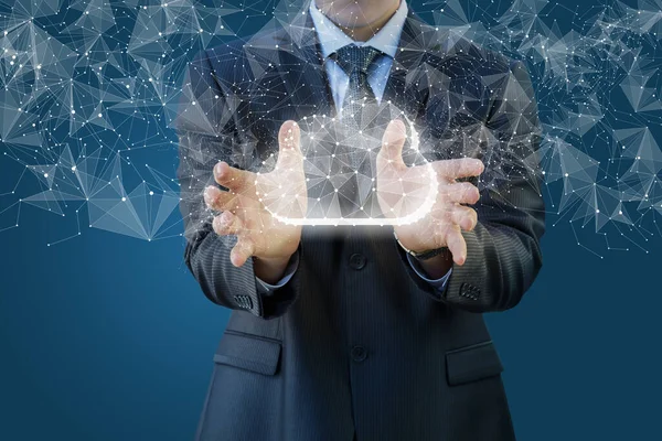 Businessman Shows Cloud Computing Network Background — Stock Photo, Image