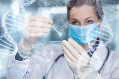DNA molekül testi konseptleri. Maskeli doktor arka plandaki DNA moleküllerini inceliyor..