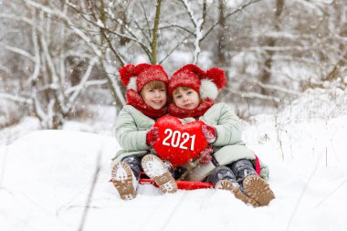 İkiz kardeşler, karlı ormanın arka planında 2021 yılının rakamlarıyla yürek gösteriyor..