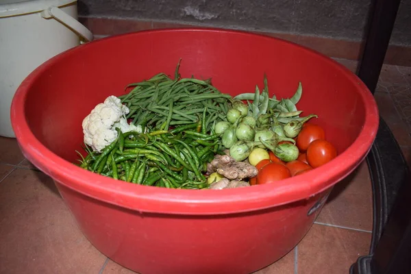 Fresh raw Vegetables stored in tub bucket outside for days after shopping from vegetable vendor or online shopping to prevent and precaution against covid-19 times and later washed thorougly before eating
