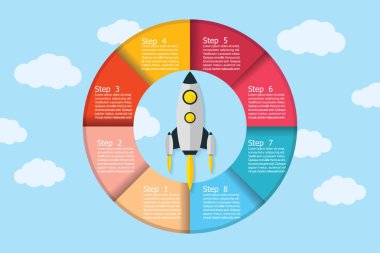 Vektör Infographic Daire 8 adım ile. Roket başlatılması ile kavram iş kurmak. Illustrator Eps 10.