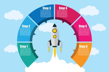 Vektör Infographic Daire 6 adım ile. Roket başlatılması ile kavram iş kurmak. Illustrator Eps 10.