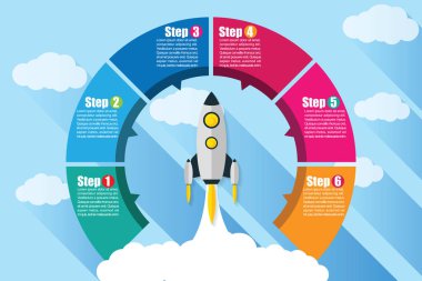 Vektör Infographic Daire 6 adım ile. Roket başlatılması ile kavram iş kurmak. Illustrator Eps 10.