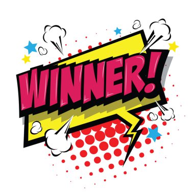 Kazanan! Komik konuşma balonu, çizgi film. Sanat ve illüstrasyon vektör dosyası.