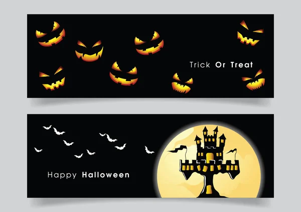 Banner Set Con Zucca Halloween Castello Infestato Pipistrello — Vettoriale Stock