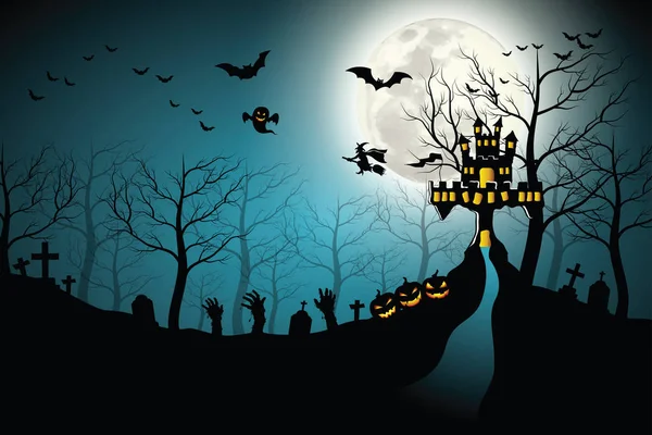 Halloween bakgrund. Kuslig skog med fullmåne och grav. — Stock vektor