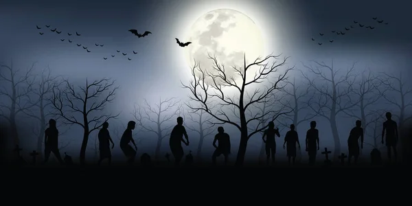 Ormanda aç zombi kalabalık. Siluetleri korkunç zombi gece ormanda yürüyüş. — Stok Vektör