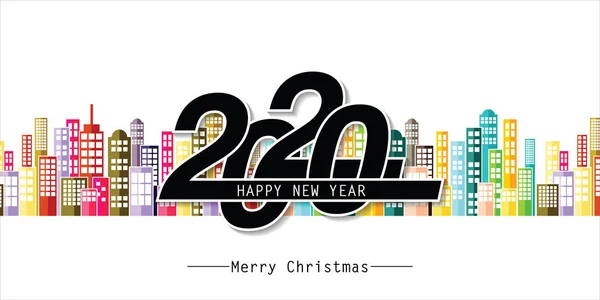2020 Szczęśliwego Nowego Roku W środku kolorowych budynków. ilustrator eps 10. — Wektor stockowy