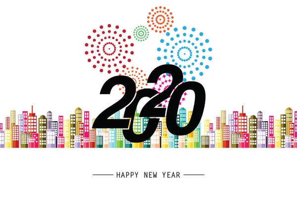 2020年新年快乐在五彩斑斓的建筑物中。 插画符号eps 10. — 图库矢量图片