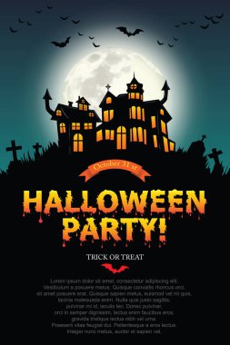 Kale, perili ev ve hayalet eller, dolunay gecesi mezar. Çizer Vektör Eps 10.