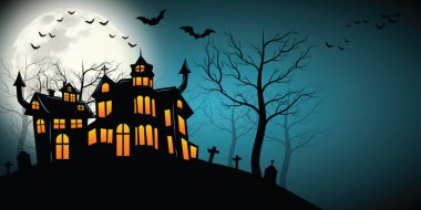 Kale, perili ev ve hayalet eller, dolunay gecesi mezar. Çizer Vektör Eps 10.