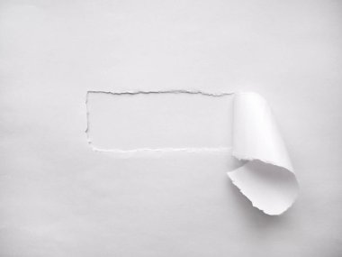 Yazı için yeri olan gerçekçi, beyaz yırtık bir kağıt. Düz kenarlı bir kağıt şerit. Boşluğu kopyala.