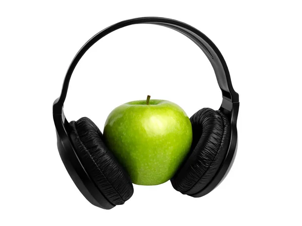 Black, modern wireless headphones with a green Apple on a white isolated background. Wireless technology — Stock Photo, Image