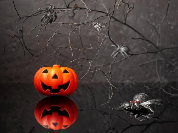 Κολοκύθα Halloween με αράχνες σε ένα τρομακτικό μέρος τη νύχτα — Φωτογραφία Αρχείου