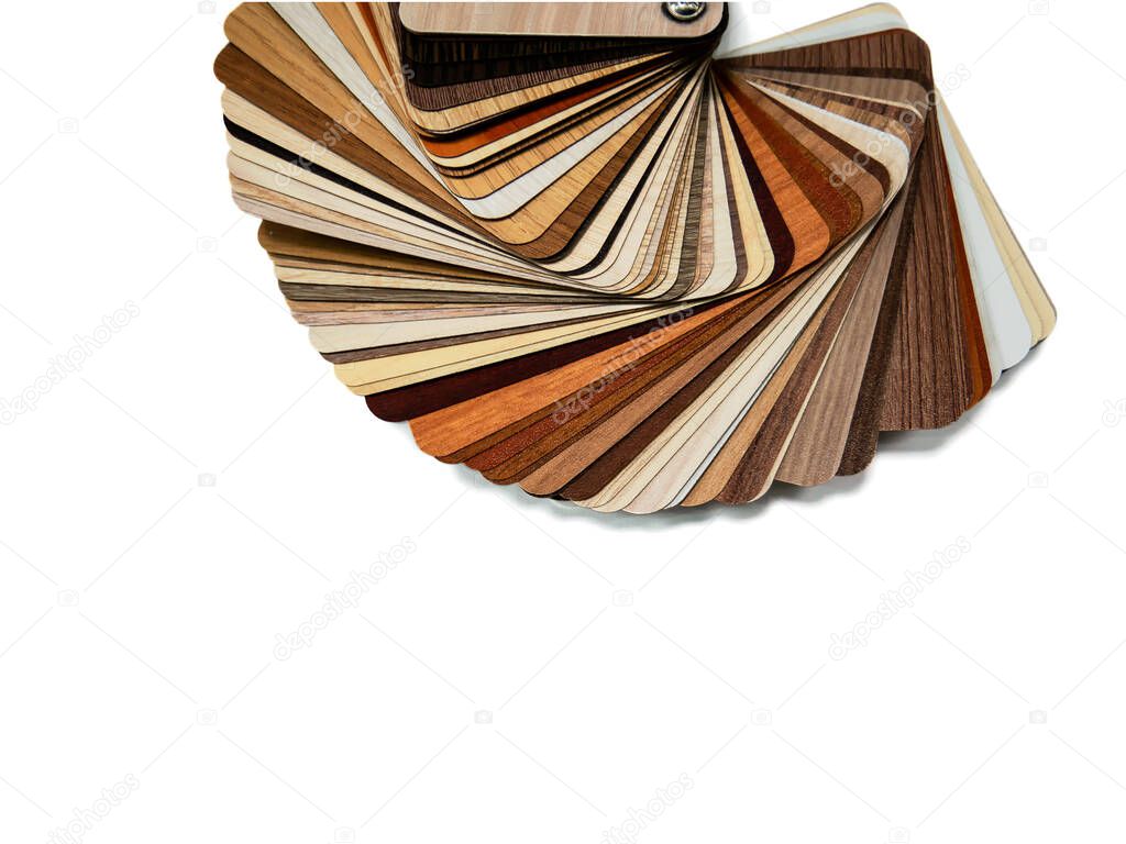 Samples of materials for the production of furniture, decorative coatings made of laminated chipboard. Directory reference
