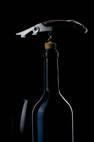 Bottle Wine Wine Glass Natural Cork Metal Corkscrew — Stock Photo, Image