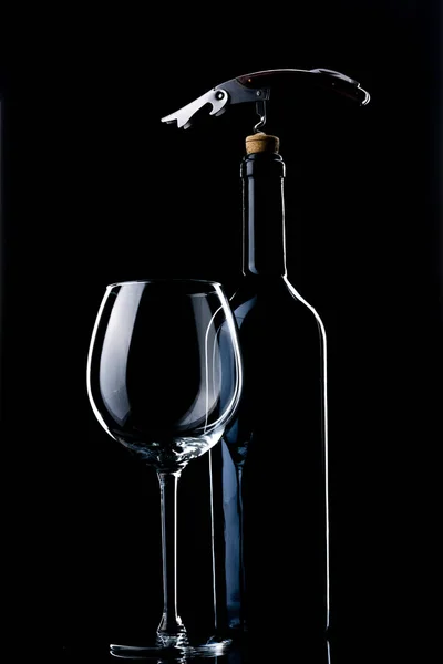Bir Şişe Şarap Şarap Bardağı Doğal Mantar Metal Tirbuşon — Stok fotoğraf