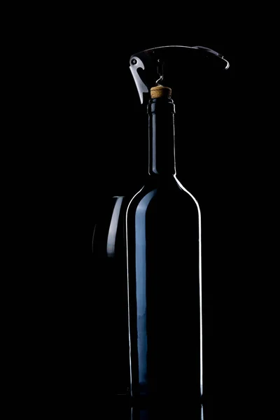 Una Botella Vino Copa Vino Corcho Natural Sacacorchos Metálicos —  Fotos de Stock