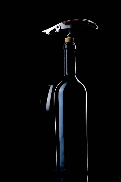 Flaska Vin Vinglas Naturkork Korkskruv Metall — Stockfoto