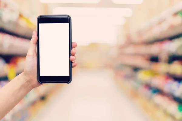 Mão Mulher Segurando Mostrando Telefone Com Fundo Borrado Shopping — Fotografia de Stock