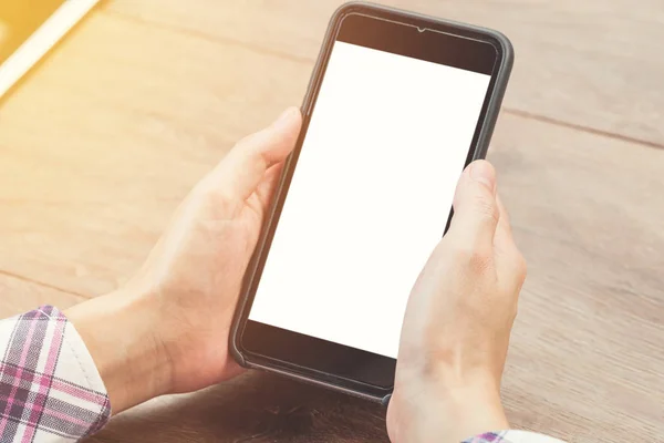 Nahaufnahme Frau Hand Hält Telefon Leer Weißen Bildschirm Mit Vintage — Stockfoto