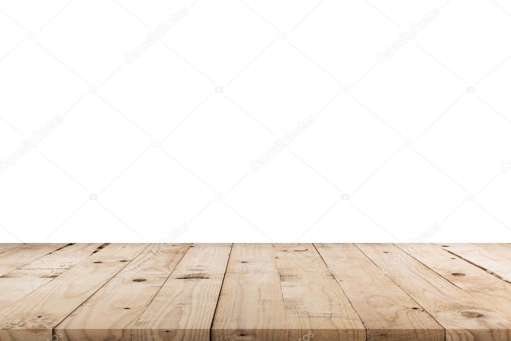 Empty wood table on isolated white background with display montage for product.