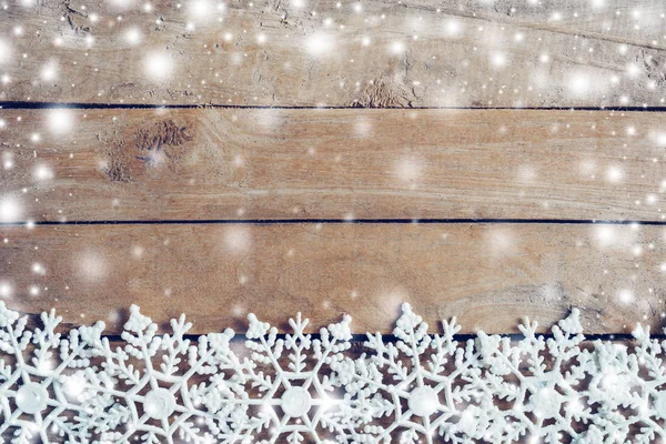 Wooden Brown Christmas Background Snow White Snowflakes Copy Space — Stock Photo, Image