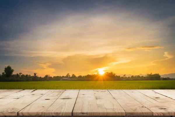 Rice Field Sunset Empty Wood Table Product Display Montage — Stock Photo, Image