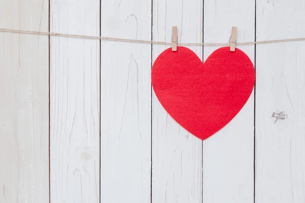 Red Heart Hanging White Wood Background Copy Space — Stock Photo, Image