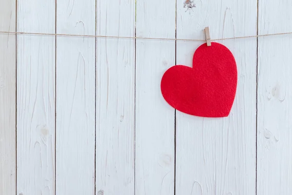 Red Heart Hanging White Wood Background Copy Space — Stock Photo, Image