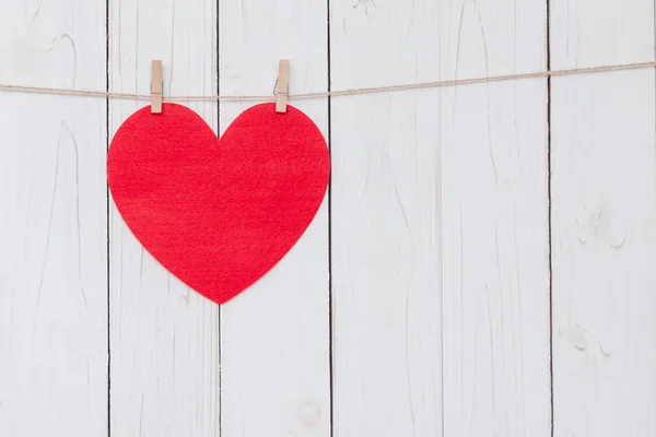 Red Heart Hanging White Wood Background Copy Space — Stock Photo, Image