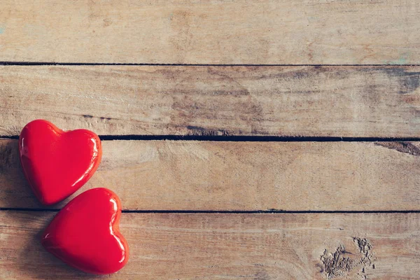 Two Red Heart Wood Table Background Copy Space — Stock Photo, Image