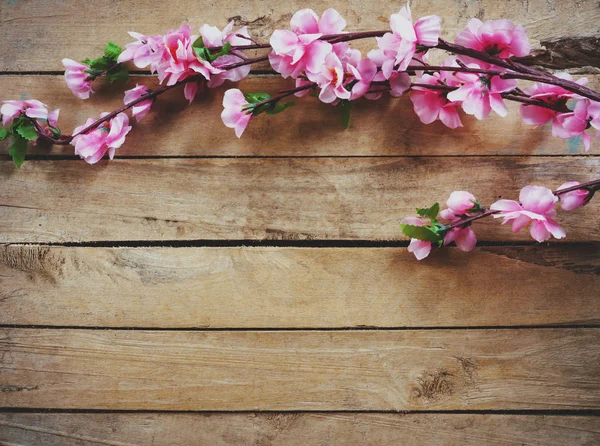 Cherry Blossom Artificial Flowers Vintage Wooden Background Copy Space — Stock Photo, Image