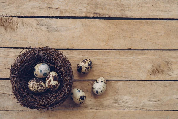 Ninho de madeira e ovos de páscoa em fundo de madeira e textura com — Fotografia de Stock