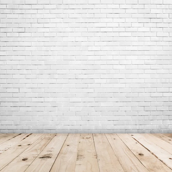 Stará bílá cihlová zeď a dřevěná podlaha a textura s — Stock fotografie