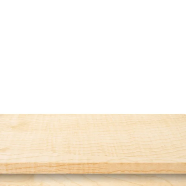 Mesa de madeira vazia no fundo branco isolado e montagem de exibição — Fotografia de Stock