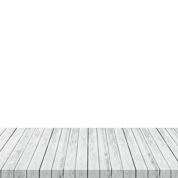 Leerer Holztisch auf isoliertem weißen Hintergrund und Montage des Displays — Stockfoto