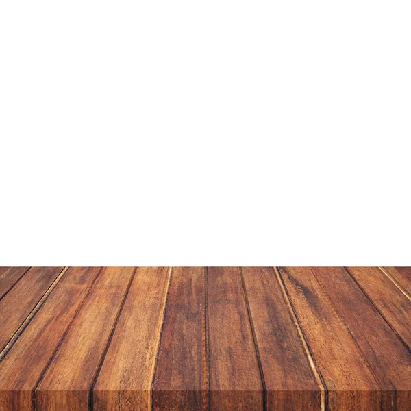 Mesa de madera vacía sobre fondo blanco aislado y montaje de pantalla — Foto de Stock