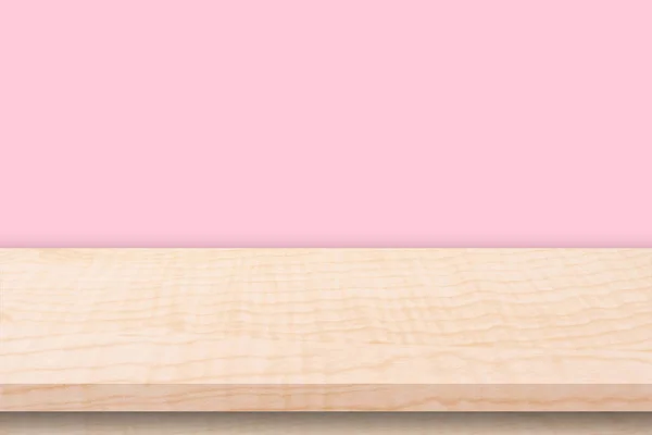 Mesa de madera vacía y textura de fondo de pared rosa, mon pantalla —  Fotos de Stock