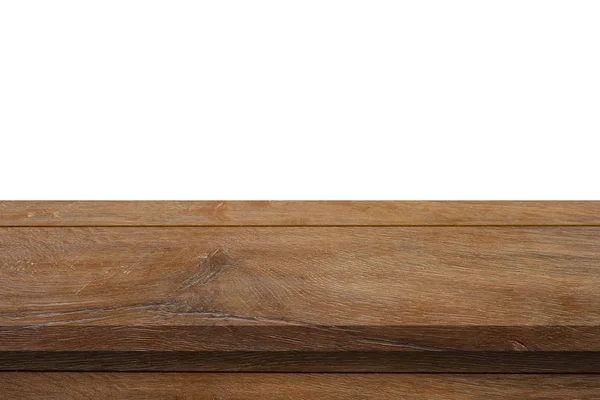 Κενό ξύλινο τραπέζι για την απομόνωση λευκό φόντο και μοντάζ οθόνη — Φωτογραφία Αρχείου