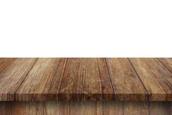 Prázdný dřevěný stůl na izolovat bílé pozadí a zobrazit montáž — Stock fotografie