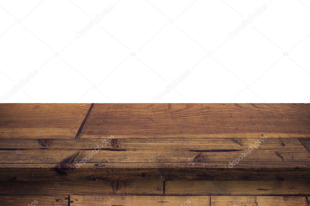 Empty wood table on isolate white background and display montage