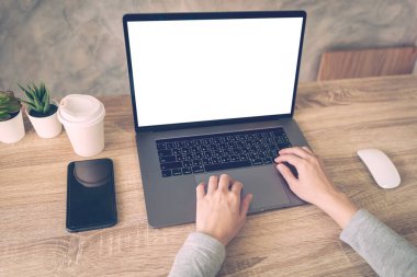 Dizüstü bilgisayar kullanan iş kadını ahşap online aktivite yapmak 