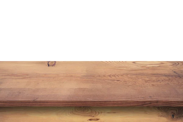 분리 된 흰색 배경에 빈 나무로 된 테이블과 조각을 표시 — 스톡 사진