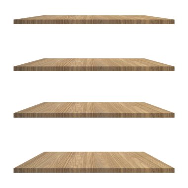 4 Ahşap raf tablo beyaz arkaplan izole ve ürün için montaj.