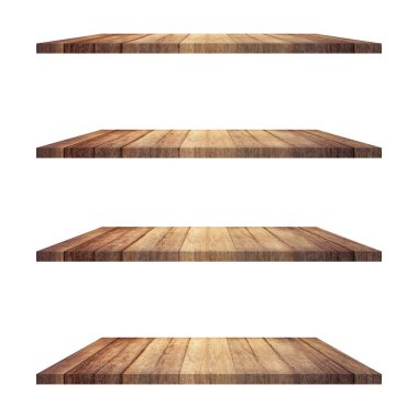 4 Ahşap raf tablo beyaz arkaplan izole ve ürün için montaj.