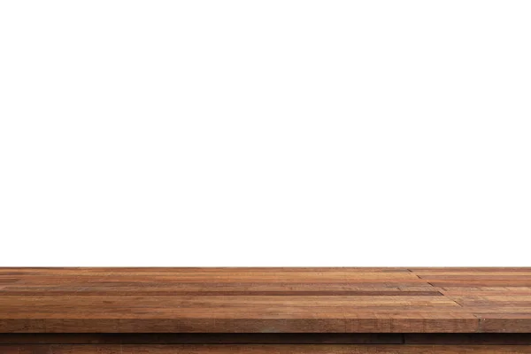 白い背景を隔離し 製品のコピースペースとモンタージュを表示する上で空の木製テーブル — ストック写真