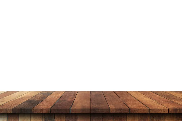 Mesa Madera Vacía Sobre Fondo Blanco Aislado Montaje Pantalla Con — Foto de Stock