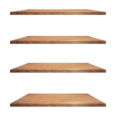 4 Ahşap raf tablo beyaz arkaplan izole ve ürün için montaj.